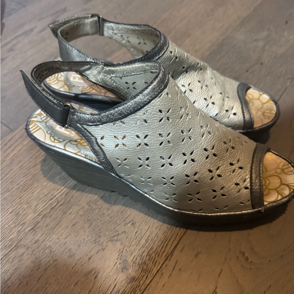 Fly London Metallic Gray Wedge Sandals